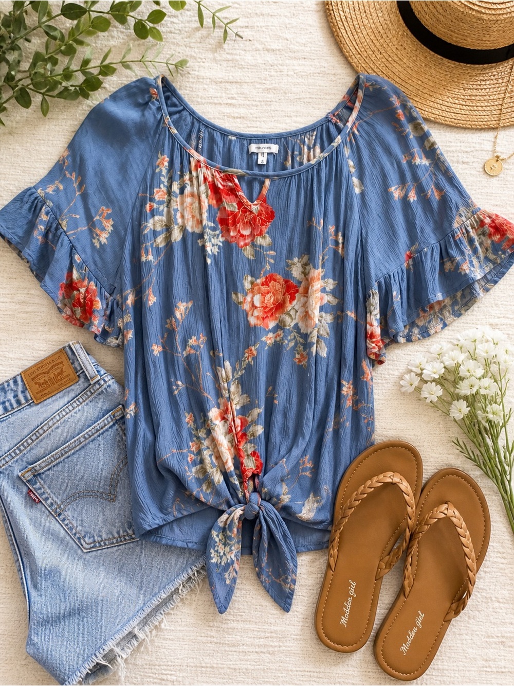 Maurices Blue Floral Tie Front Blouse | Boho Flutter Sleeve Top Small